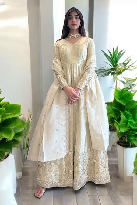Buy Label Lila Ivory Silk Embroidery V-neck Designer Anarkali Set Online at Aza Fashions Buy_Label Lila_Ivory Silk Embroidery V-neck Designer Anarkali Set _Online_at_Aza_Fashions