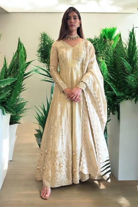 Label Lila Ivory Silk Embroidery V-neck Designer Anarkali Set at Aza Fashions Label Lila_Ivory Silk Embroidery V-neck Designer Anarkali Set _at_Aza_Fashions