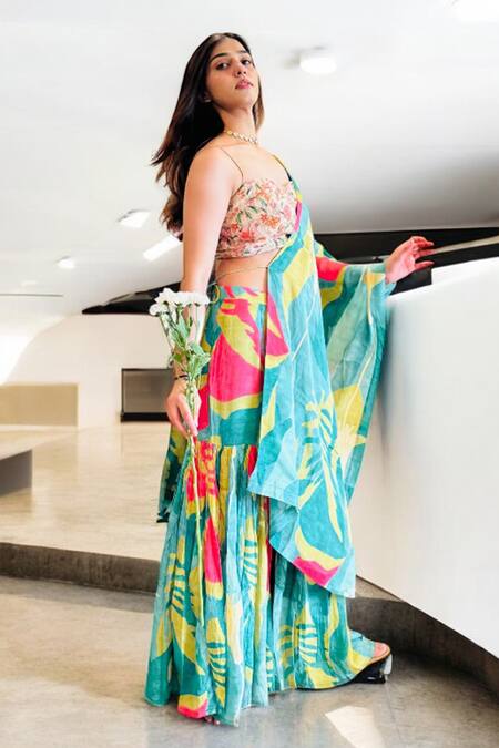 Label Lila_Green Crepe Sweetheart Neck Floral Print Sharara Set _Online_at_Aza_Fashions