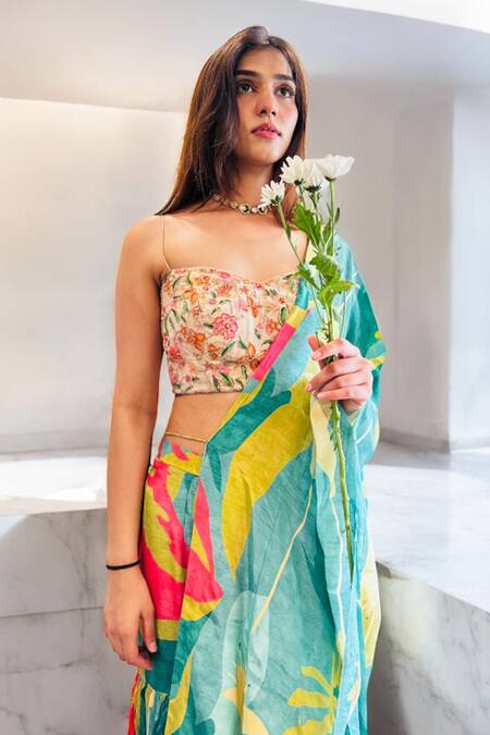 Buy_Label Lila_Green Crepe Sweetheart Neck Floral Print Sharara Set _Online_at_Aza_Fashions