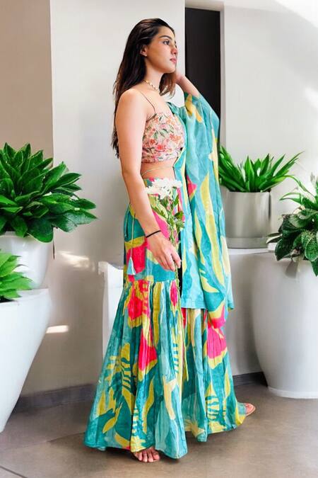 Label Lila_Green Crepe Sweetheart Neck Floral Print Sharara Set _at_Aza_Fashions