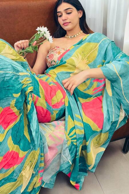 Buy_Label Lila_Green Crepe Sweetheart Neck Floral Print Sharara Set 