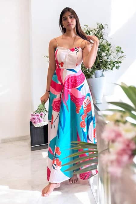 Label Lila_Multi Color Polyester, Cotton Sweetheart Neck Designer Dress _Online_at_Aza_Fashions