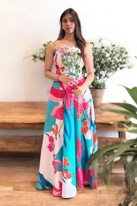 Shop_Label Lila_Multi Color Polyester, Cotton Sweetheart Neck Designer Dress _Online_at_Aza_Fashions