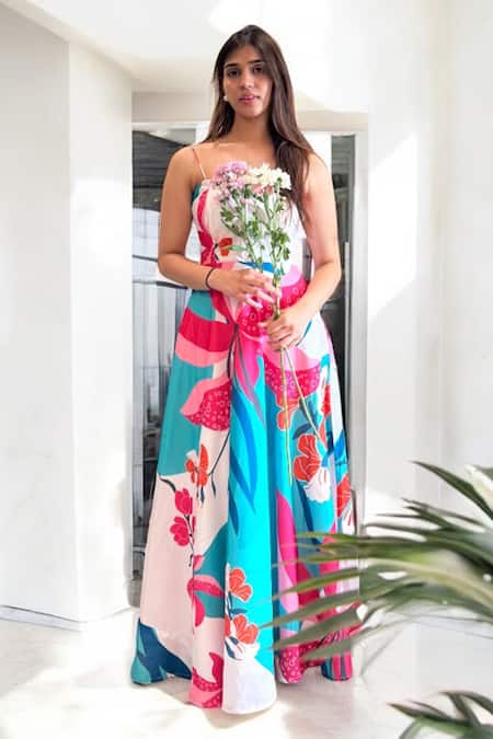 Label Lila_Multi Color Polyester, Cotton Sweetheart Neck Designer Dress _at_Aza_Fashions