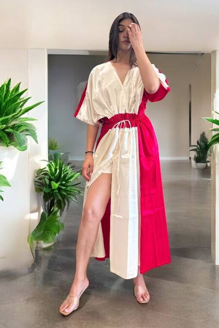 Label Lila_Off White Crepe V-neck And Pink Designer Kaftan _Online_at_Aza_Fashions