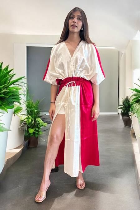Shop_Label Lila_Off White Crepe V-neck And Pink Designer Kaftan _Online_at_Aza_Fashions