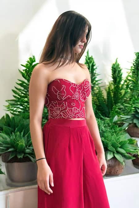 Label Lila_Red Crepe Embroidery Sweetheart Neck Corset And Pant Set _Online_at_Aza_Fashions