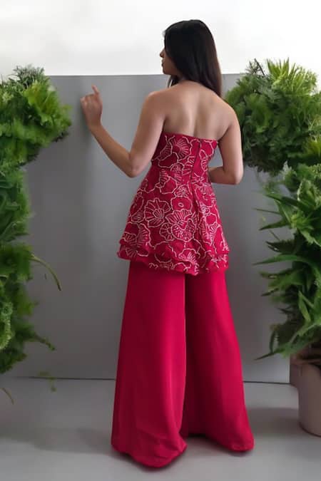 Label Lila Red Embroidered Peplum & Palazzo Set 