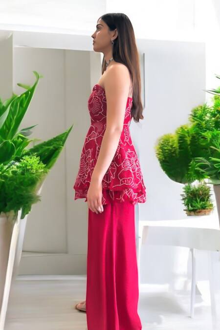 Label Lila_Red Crepe Embroidery Off-shoulder, Bandeau Neck Peplum And Palazzo Set _Online_at_Aza_Fashions