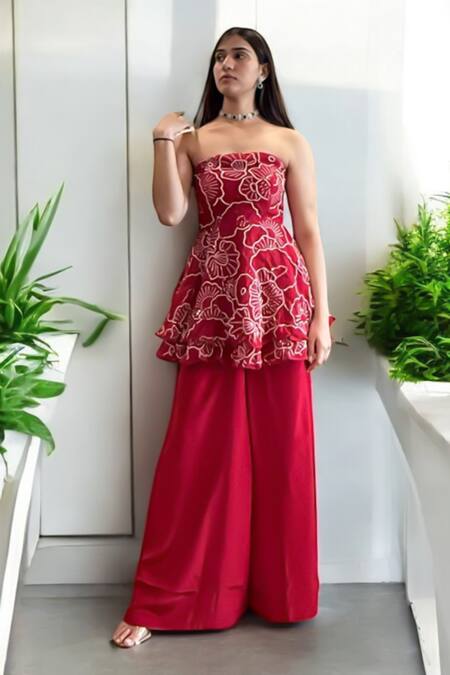 Buy_Label Lila_Red Crepe Embroidery Off-shoulder, Bandeau Neck Peplum And Palazzo Set _Online_at_Aza_Fashions