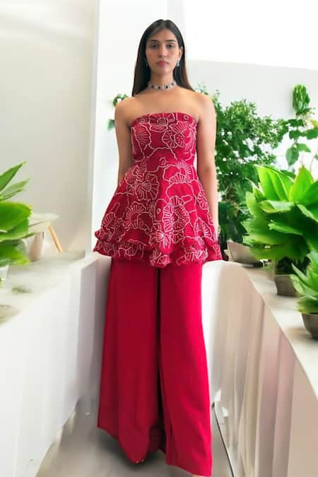 Shop_Label Lila_Red Crepe Embroidery Off-shoulder, Bandeau Neck Peplum And Palazzo Set _Online_at_Aza_Fashions