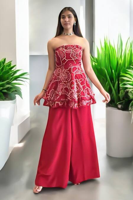 Label Lila_Red Crepe Embroidery Off-shoulder, Bandeau Neck Peplum And Palazzo Set _at_Aza_Fashions