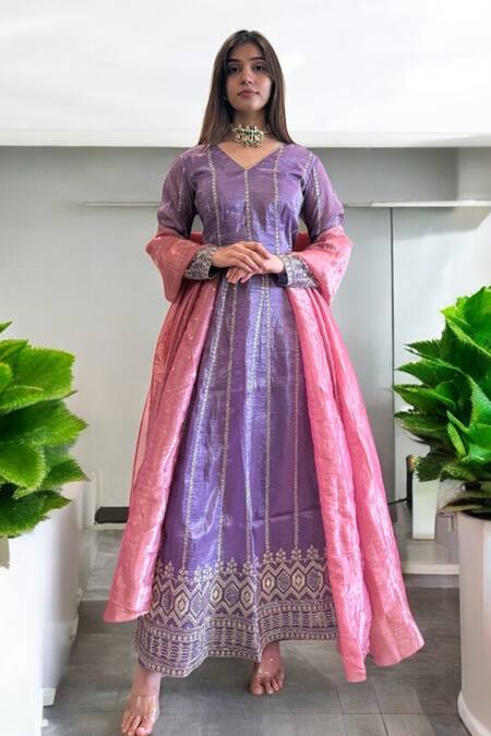 Label Lila_Purple Tissue Embroidery V-neck Anarkali Set With Dupatta _Online_at_Aza_Fashions