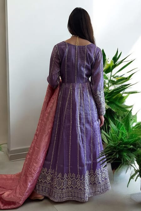 Buy_Label Lila_Purple Tissue Embroidery V-neck Anarkali Set With Dupatta _Online_at_Aza_Fashions