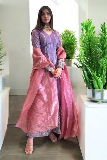 Shop_Label Lila_Purple Tissue Embroidery V-neck Anarkali Set With Dupatta _Online_at_Aza_Fashions