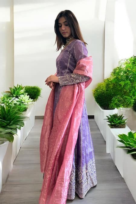 Label Lila_Purple Tissue Embroidery V-neck Anarkali Set With Dupatta _at_Aza_Fashions