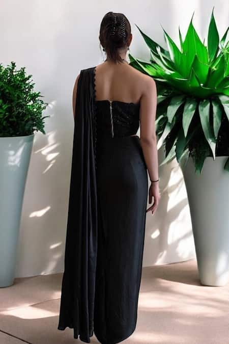 Label Lila Black Crepe Pre-drape Saree Set 