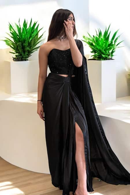 Label Lila_Black Crepe Embroidery, Sequins, Beads Sweetheart Neck Pre-drape Saree Set _Online_at_Aza_Fashions