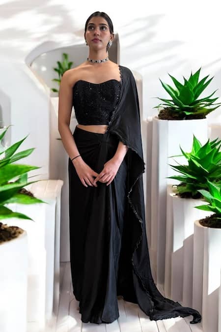 Shop_Label Lila_Black Crepe Embroidery, Sequins, Beads Sweetheart Neck Pre-drape Saree Set _Online_at_Aza_Fashions