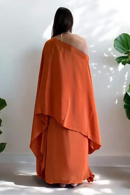 Label Lila Orange Crepe Draped Skirt & Top Set 