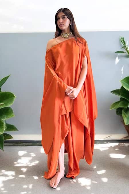 Buy_Label Lila_Orange Crepe Off-shoulder Draped Skirt And Top Set _Online_at_Aza_Fashions