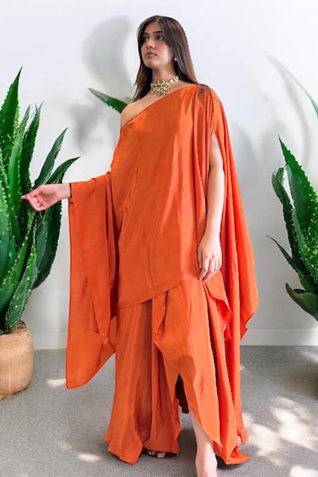 Shop_Label Lila_Orange Crepe Off-shoulder Draped Skirt And Top Set _Online_at_Aza_Fashions