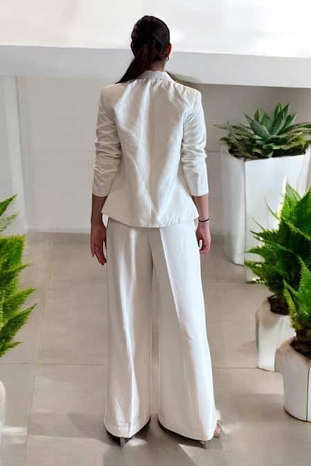 Label Lila White Organza Crepe Blazer Pant Set 