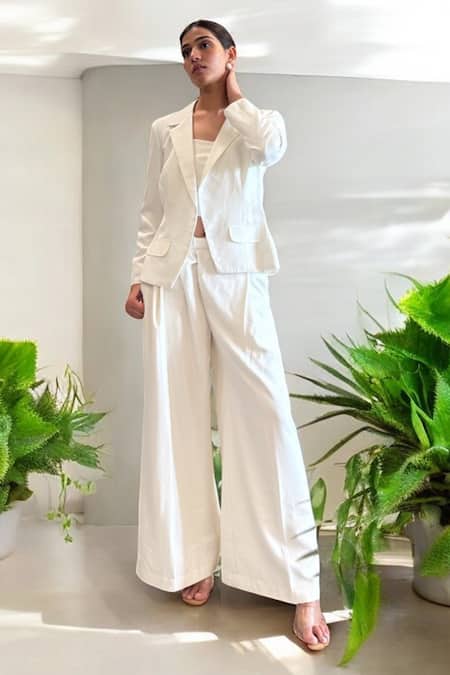Label Lila White Organza, Crepe Blazer Pant Set Online at Aza Fashions Label Lila_White Organza, Crepe Blazer Pant Set _Online_at_Aza_Fashions