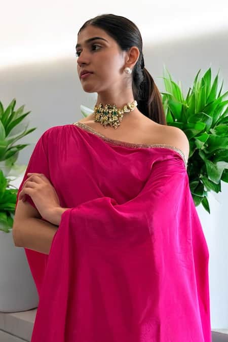 Buy Label Lila Pink Crepe Hot Cape Top And Pant Set Buy_Label Lila_Pink Crepe Hot Cape Top And Pant Set