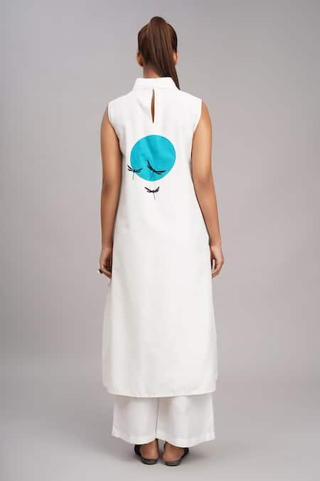 Shop Taika By Poonam Bhagat Blue Chanderi Embroidery Collared Ivory Polka Tunic And Pant Set at Aza Fashions Shop_Taika By Poonam Bhagat_Blue Chanderi Embroidery Collared Ivory Polka Tunic And Pant Set _at_Aza_Fashions