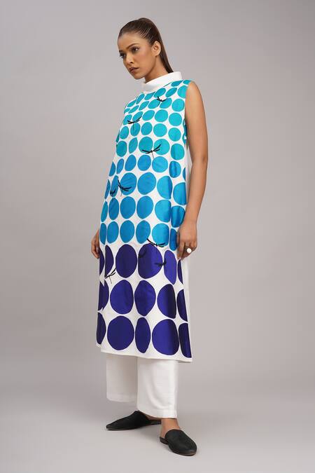 Taika By Poonam Bhagat Blue Chanderi Embroidery Collared Ivory Polka Tunic And Pant Set Online at Aza Fashions Taika By Poonam Bhagat_Blue Chanderi Embroidery Collared Ivory Polka Tunic And Pant Set _Online_at_Aza_Fashions