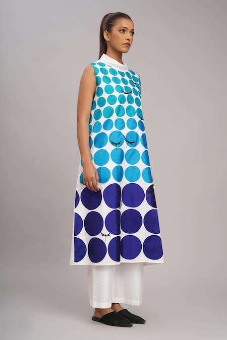 Buy Taika By Poonam Bhagat Blue Chanderi Embroidery Collared Ivory Polka Tunic And Pant Set Online at Aza Fashions Buy_Taika By Poonam Bhagat_Blue Chanderi Embroidery Collared Ivory Polka Tunic And Pant Set _Online_at_Aza_Fashions