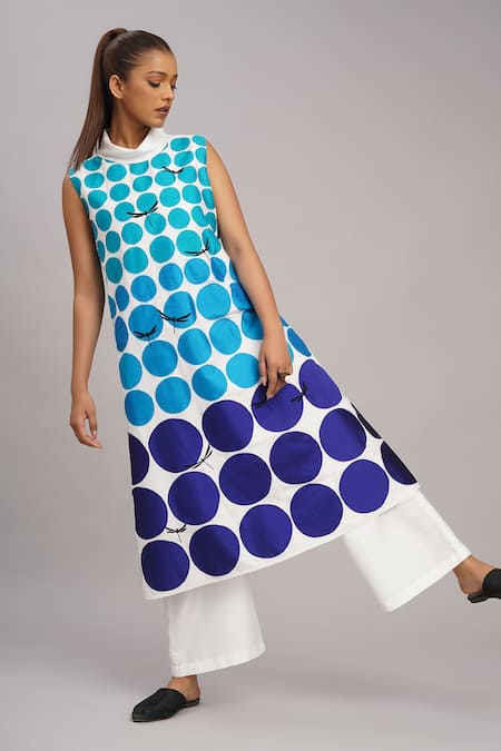 Shop Taika By Poonam Bhagat Blue Chanderi Embroidery Collared Ivory Polka Tunic And Pant Set Online at Aza Fashions Shop_Taika By Poonam Bhagat_Blue Chanderi Embroidery Collared Ivory Polka Tunic And Pant Set _Online_at_Aza_Fashions