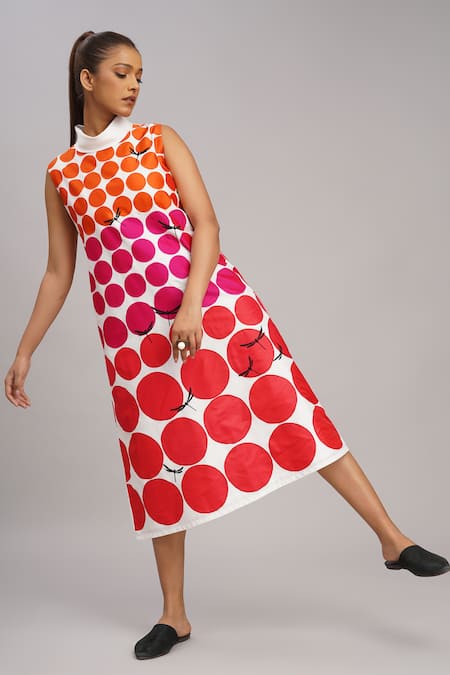 Shop Taika By Poonam Bhagat Ivory Chanderi Embroidery Mandarin Collar Polka Grid Dress Online at Aza Fashions Shop_Taika By Poonam Bhagat_Ivory Chanderi Embroidery Mandarin Collar Polka Grid Dress _Online_at_Aza_Fashions