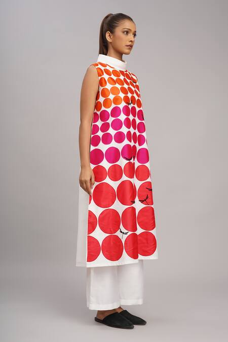 Taika By Poonam Bhagat Ivory Chanderi High Neck Red Polka Grid Tunic Set Online at Aza Fashions Taika By Poonam Bhagat_Ivory Chanderi High Neck Red Polka Grid Tunic Set _Online_at_Aza_Fashions