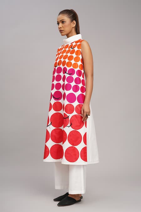 Buy Taika By Poonam Bhagat Ivory Chanderi High Neck Red Polka Grid Tunic Set Online at Aza Fashions Buy_Taika By Poonam Bhagat_Ivory Chanderi High Neck Red Polka Grid Tunic Set _Online_at_Aza_Fashions