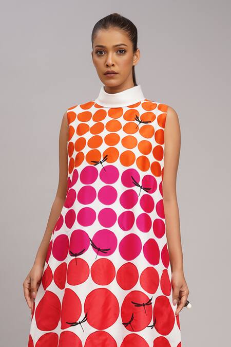 Shop Taika By Poonam Bhagat Ivory Chanderi High Neck Red Polka Grid Tunic Set Online at Aza Fashions Shop_Taika By Poonam Bhagat_Ivory Chanderi High Neck Red Polka Grid Tunic Set _Online_at_Aza_Fashions