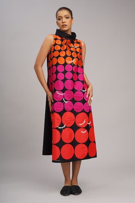 Taika By Poonam Bhagat_Black Chanderi Embroidery Collared Polka Grid Dress _Online_at_Aza_Fashions