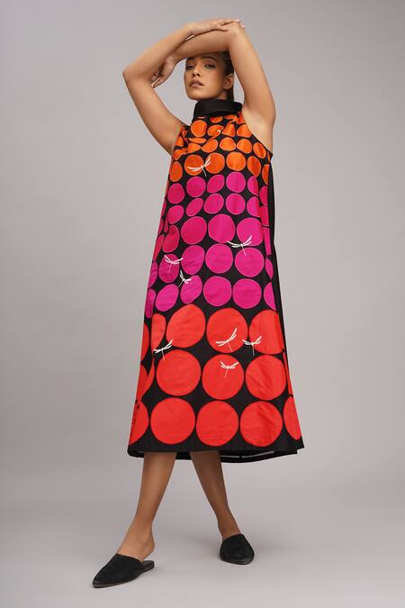 Taika By Poonam Bhagat_Black Chanderi Embroidery Collared Polka Grid Dress _at_Aza_Fashions