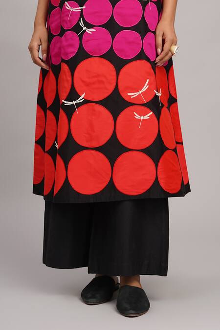 Taika By Poonam Bhagat_Black Chanderi, Cotton, Silk Collared Polka Grid Tunic Set _Online_at_Aza_Fashions