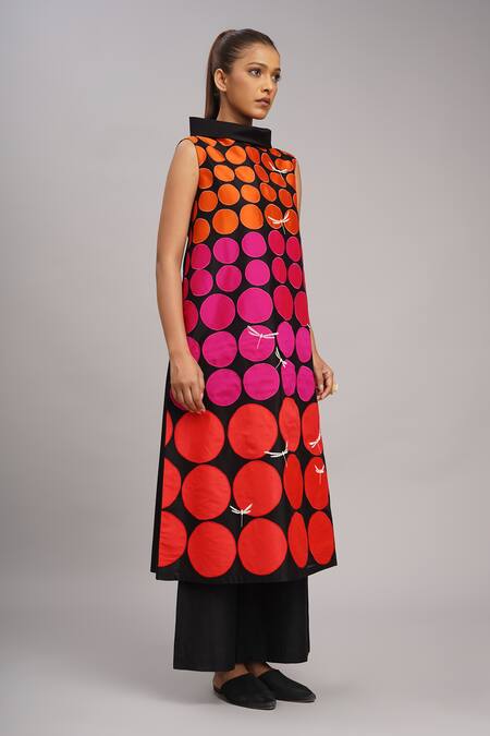 Buy_Taika By Poonam Bhagat_Black Chanderi, Cotton, Silk Collared Polka Grid Tunic Set _Online_at_Aza_Fashions