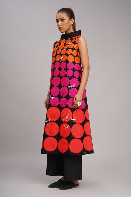 Shop_Taika By Poonam Bhagat_Black Chanderi, Cotton, Silk Collared Polka Grid Tunic Set _Online_at_Aza_Fashions