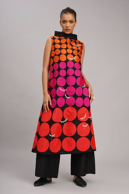 Buy_Taika By Poonam Bhagat_Black Chanderi, Cotton, Silk Collared Polka Grid Tunic Set 