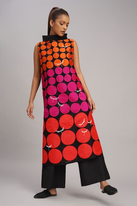 Taika By Poonam Bhagat Black Chanderi, Cotton, Silk Collared Polka Grid Tunic Set 
