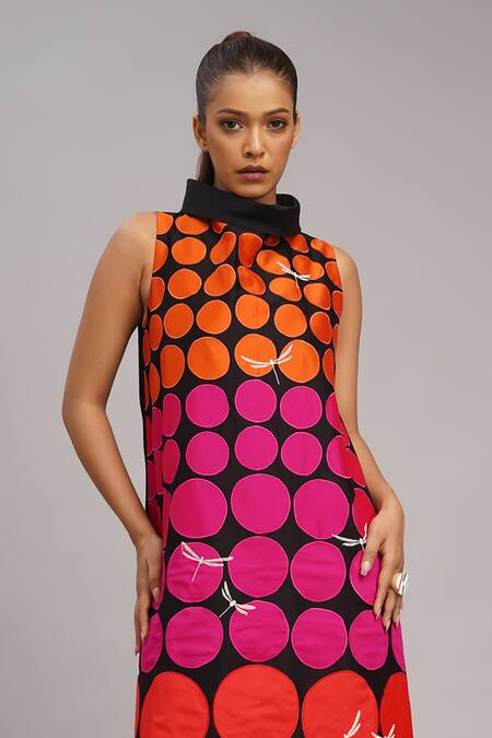 Shop_Taika By Poonam Bhagat_Black Chanderi, Cotton, Silk Collared Polka Grid Tunic Set 