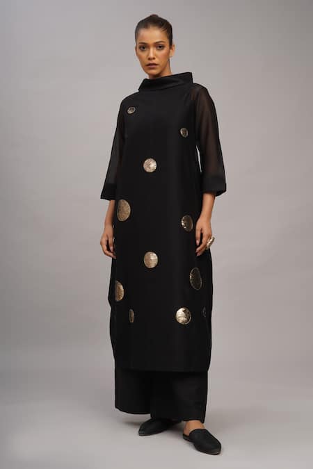 Taika By Poonam Bhagat_Black Chanderi, Cotton, Silk Sequins Mandarin Collar Gold Tunic And Pant Set _Online_at_Aza_Fashions