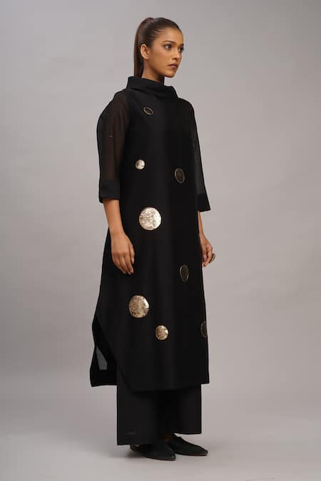 Buy_Taika By Poonam Bhagat_Black Chanderi, Cotton, Silk Sequins Mandarin Collar Gold Tunic And Pant Set _Online_at_Aza_Fashions