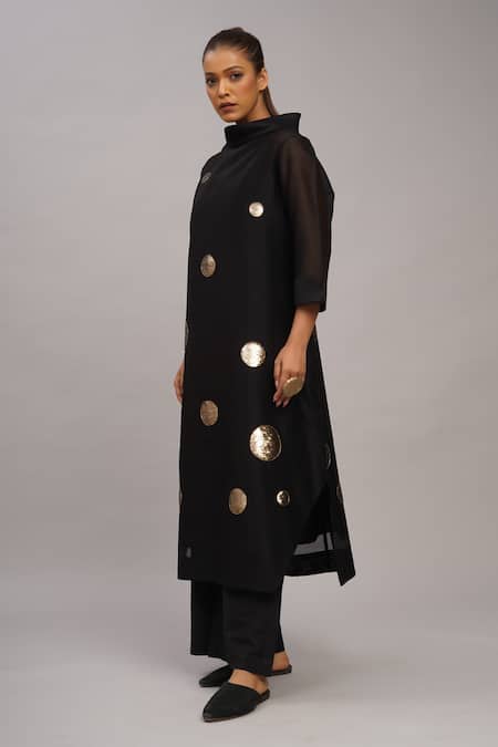 Shop_Taika By Poonam Bhagat_Black Chanderi, Cotton, Silk Sequins Mandarin Collar Gold Tunic And Pant Set _Online_at_Aza_Fashions