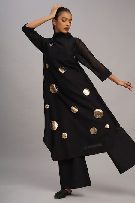 Taika By Poonam Bhagat_Black Chanderi, Cotton, Silk Sequins Mandarin Collar Gold Tunic And Pant Set _at_Aza_Fashions
